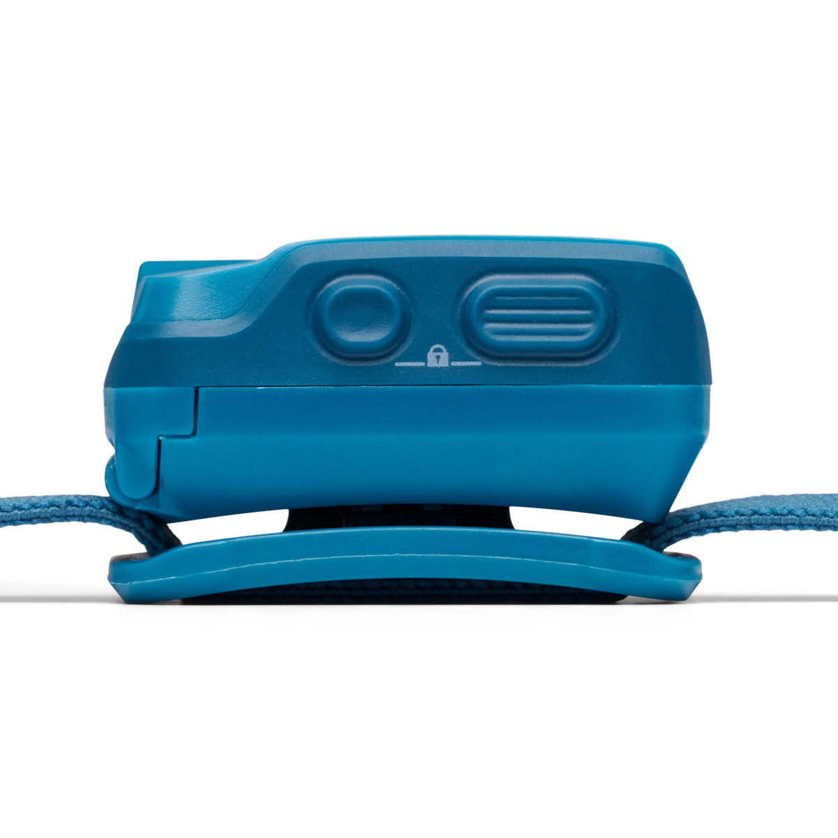 Black Diamond Cosmo headlamp top view showing power button controls and lock icon in Desert Sky blue
