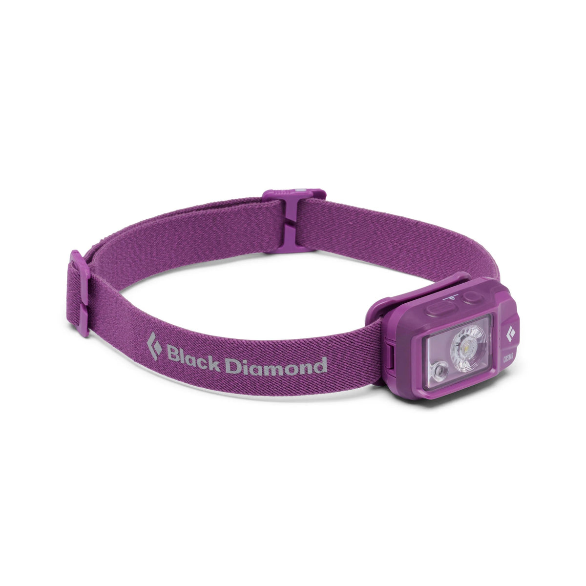 Black Diamond Cosmo headlamp in Piton Purple with elastic headband on white background