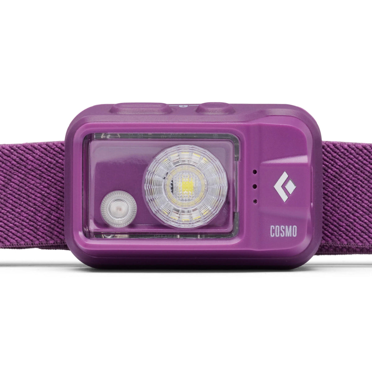 Black Diamond Cosmo headlamp front view showing dual LED lights in Piton Purple