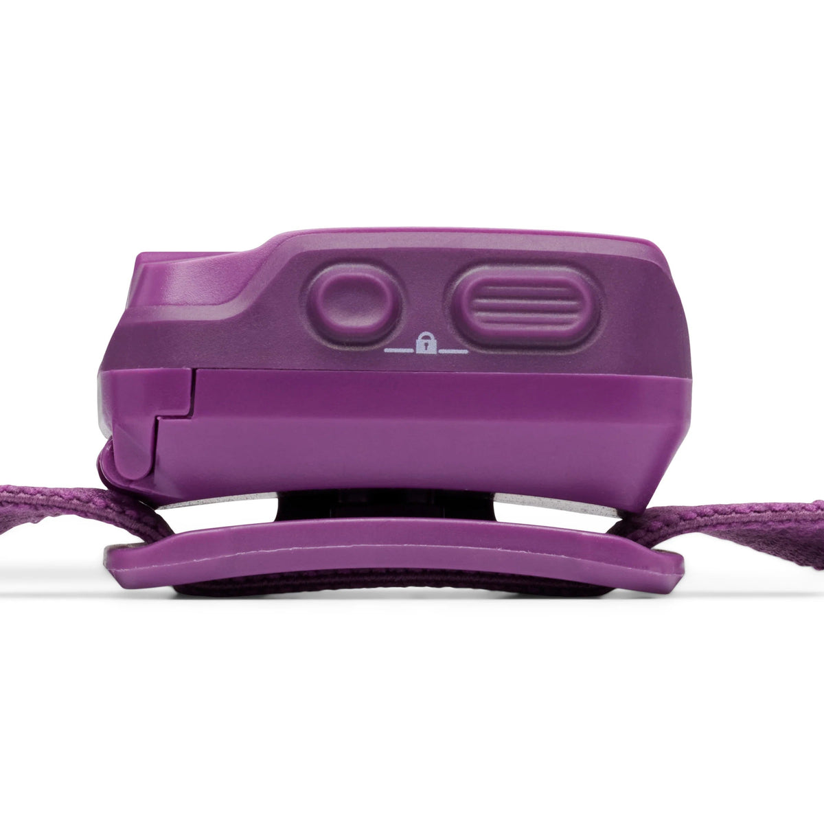 Black Diamond Cosmo headlamp top view showing power button, lock mechanism, and tilt hinge in purple