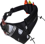 Fitletic black running hydration belt with water bottle and energy gels loaded in side pockets