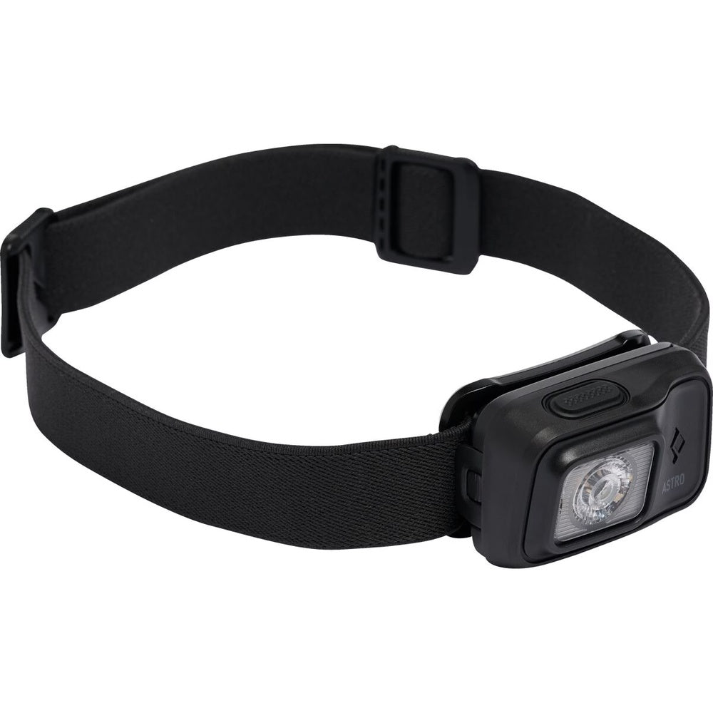 Black Diamond Astro headlamp in black with elastic headband on white background