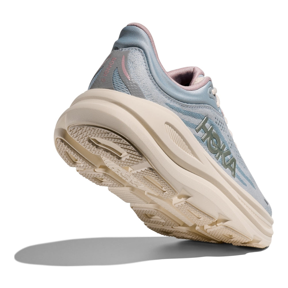 HOKA Bondi 9 GLM running shoe in Mineral Blue with cream midsole, rear angle view