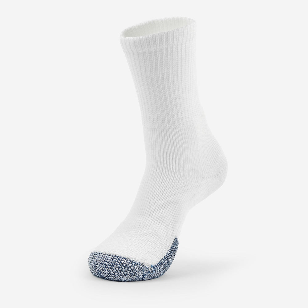 Thorlos Basketball Crew sock in white with blue marled toe reinforcement on neutral background