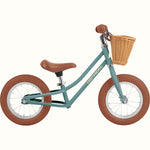 Retrospec Baby Beaumont 12-inch kids balance bike in Clover Matte teal with wicker basket