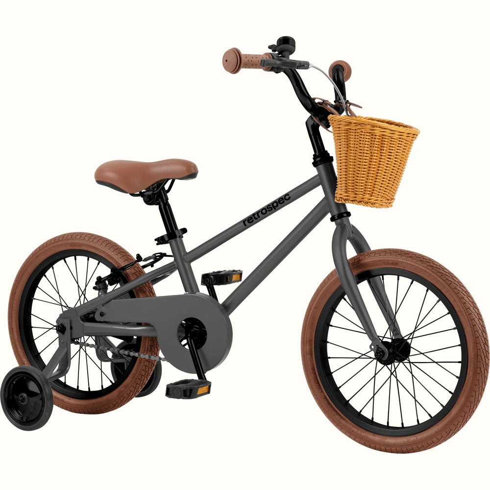 Retrospec Beaumont Mini 16-inch kids bike in matte graphite with wicker basket and training wheels
