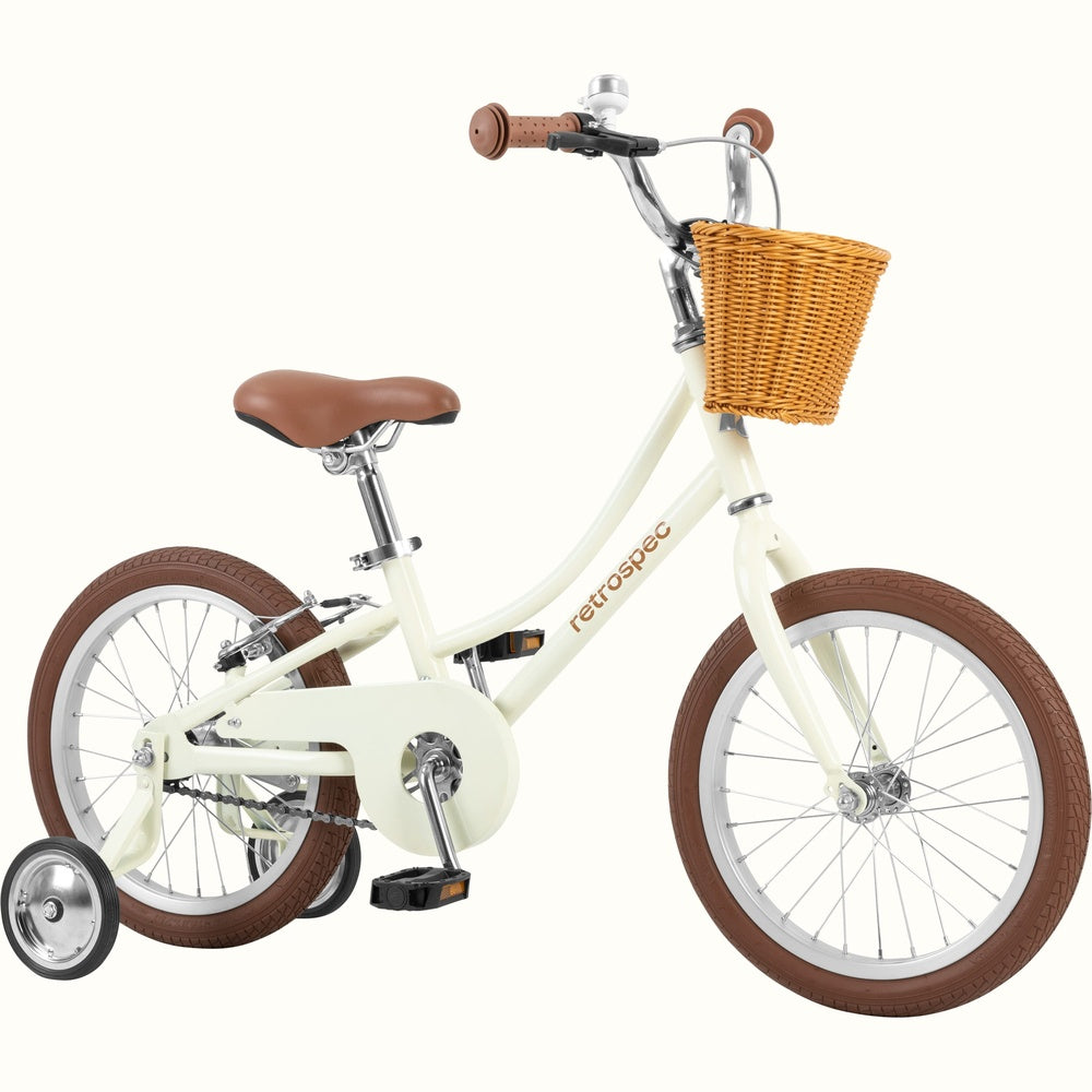 Retrospec Beaumont Mini 16-inch kids bike in eggshell with wicker basket and training wheels