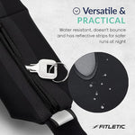 Close-up of black Fitletic Bolt running belt showing water-resistant material and key clip detail