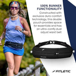 Female runner wearing black Fitletic Bolt double pocket running belt during outdoor run