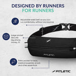 Fitletic Bolt black running belt infographic highlighting adjustable waist belt and dual pocket features