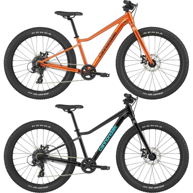 Cannondale Kids Trail Plus mountain bike shown in orange and black colorways with Kenda tires