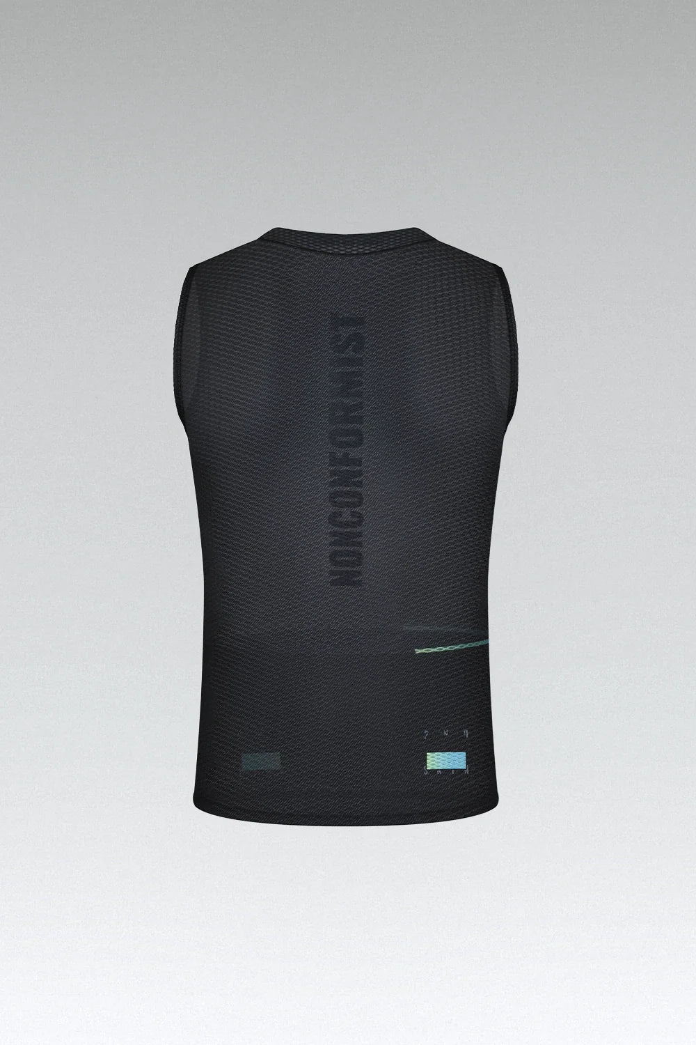 Gobik men's black sleeveless base layer with textured mesh fabric and spine design