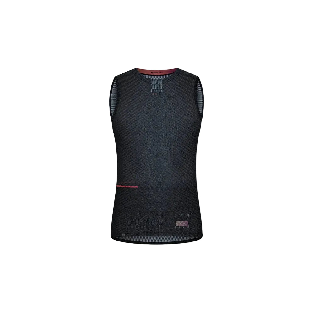 Gobik women's black mesh base layer sleeveless top with red trim details