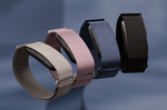 Garmin CIRQA Smart Band shown in four color options including mauve, floating on blue background