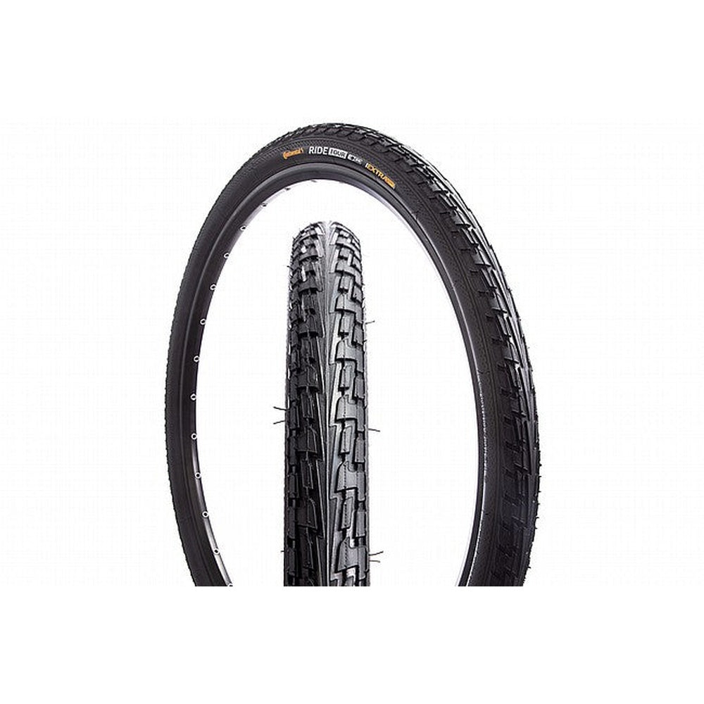 Continental Ride Tour 700x42 black wire bead bicycle tire shown upright and flat