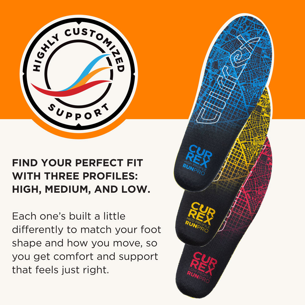 Three Currex RunPro insoles in different colors with customized support branding
