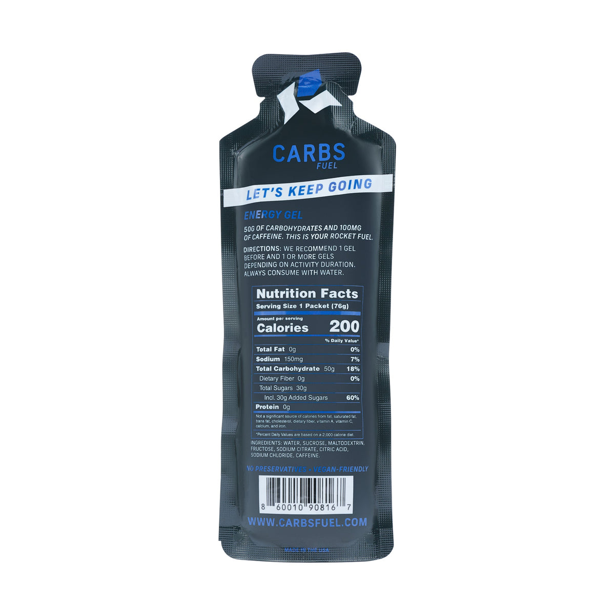 Carbs Fuel Caffeinated Energy Gel packet in dark navy showing nutrition facts label