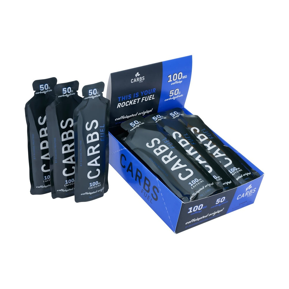 Carbs Fuel Caffeinated Original 50g Energy Gel packets and display box on white background