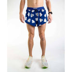 ChicknLegs men's blue running shorts with white diamond geometric pattern and 2-inch inseam