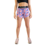 ChicknLegs women's purple split shorts with pink pig pattern and black waistband