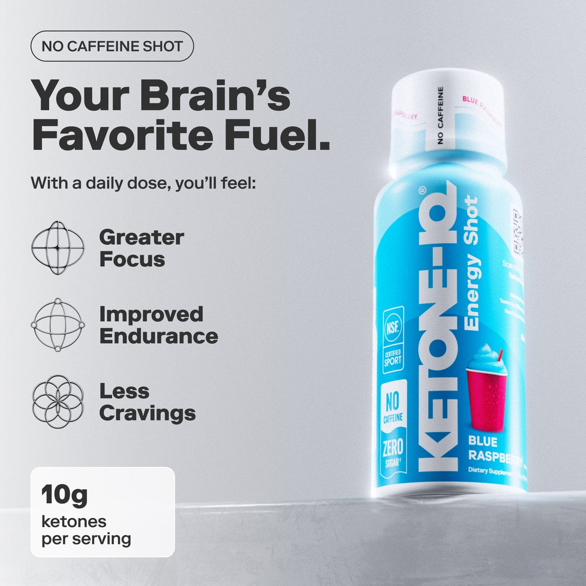 Ketone-IQ Blue Raspberry Energy Shot beside brain fuel benefits text listing focus, endurance, and cravings