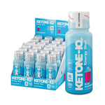 Ketone-IQ Blue Raspberry Energy Shot 2oz bottle displayed with full case of 24 shots