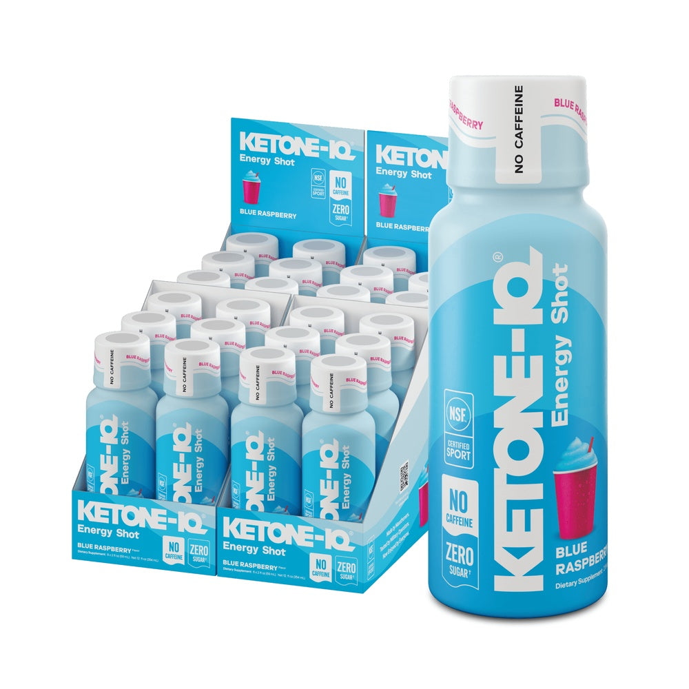 Ketone-IQ Blue Raspberry Energy Shot 2oz bottle displayed with full case of 24 shots