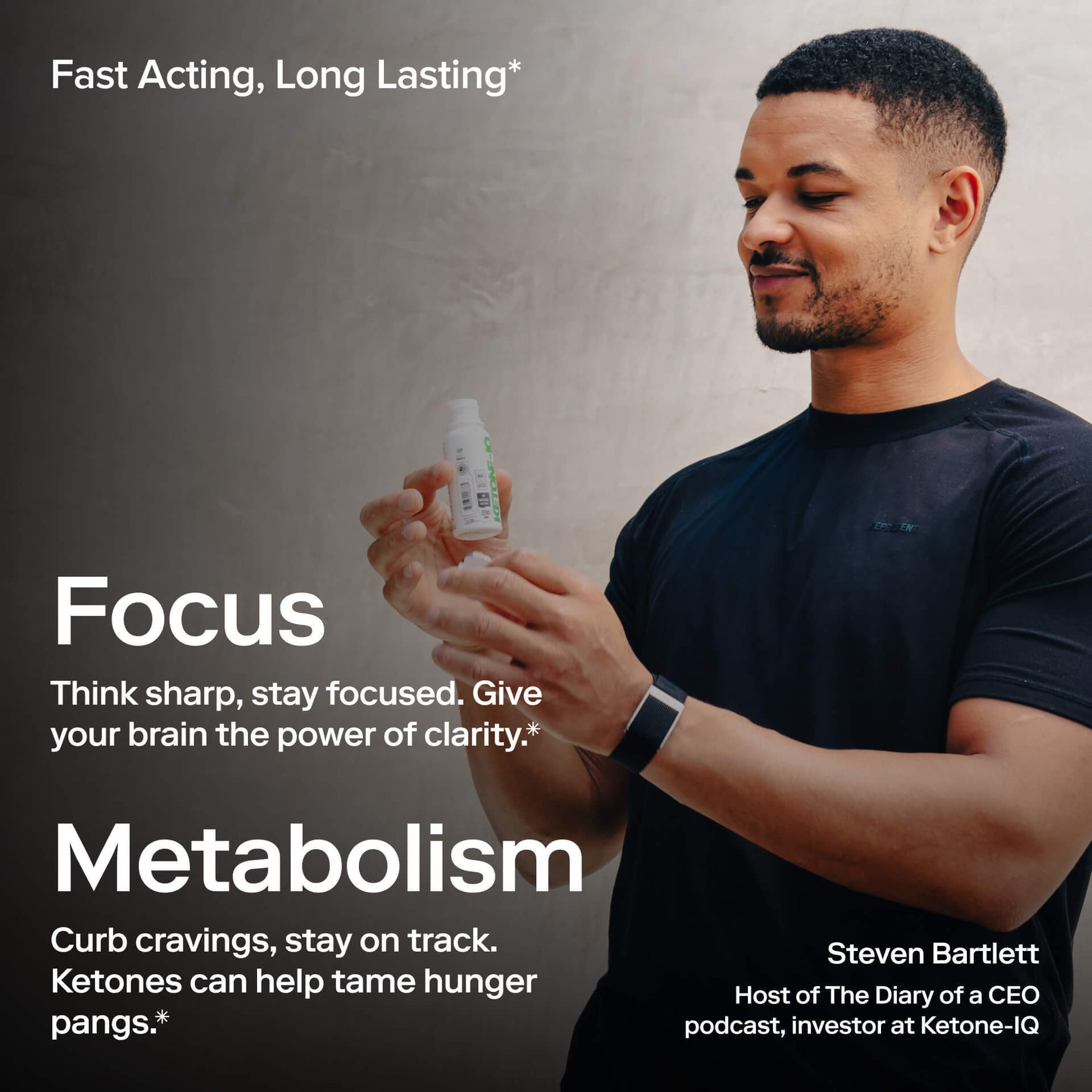 Man holding Ketone-IQ supplement bottle, professional marketing image with focus and metabolism benefits text