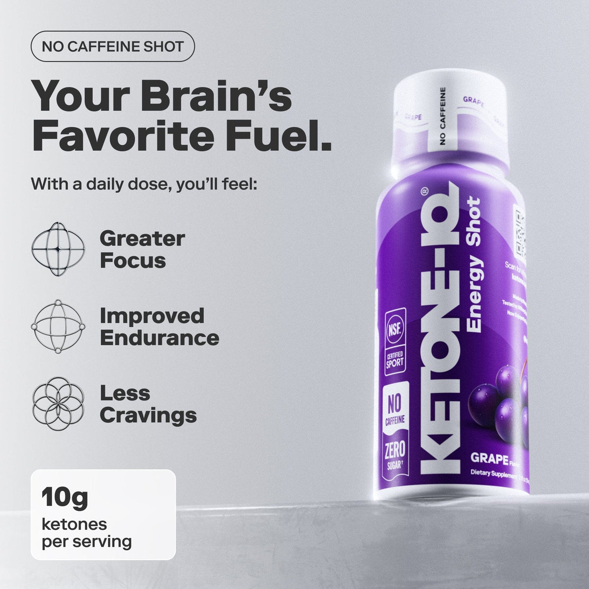 Ketone-IQ Grape Energy Shot bottle on gray background with brain fuel benefits listed