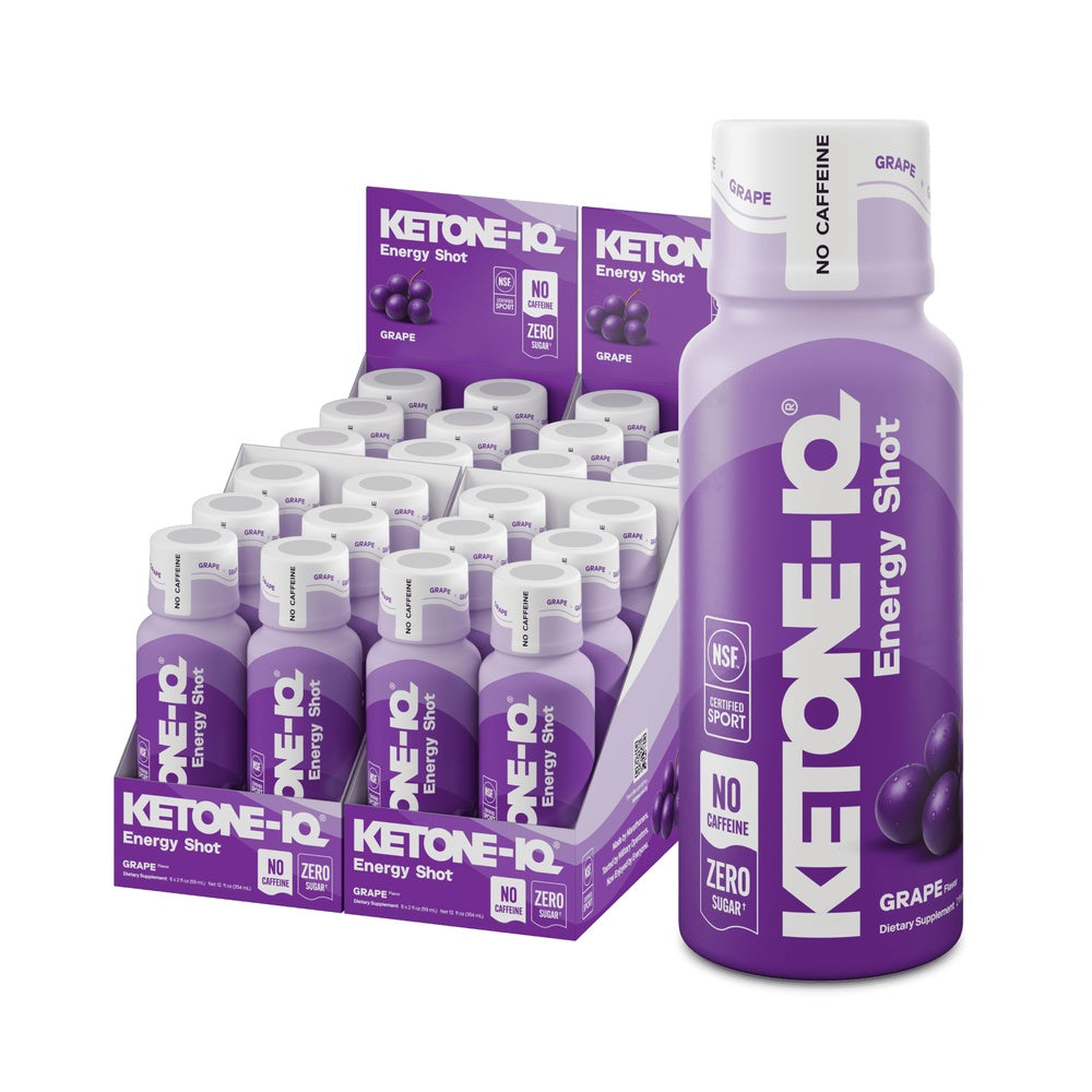 Ketone-IQ Grape Energy Shot 24-pack display box with single bottle shown in purple