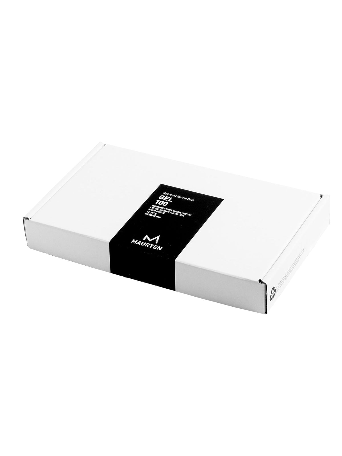 Maurten Gel 100 closed white box with black branded label showing 12-pack product packaging