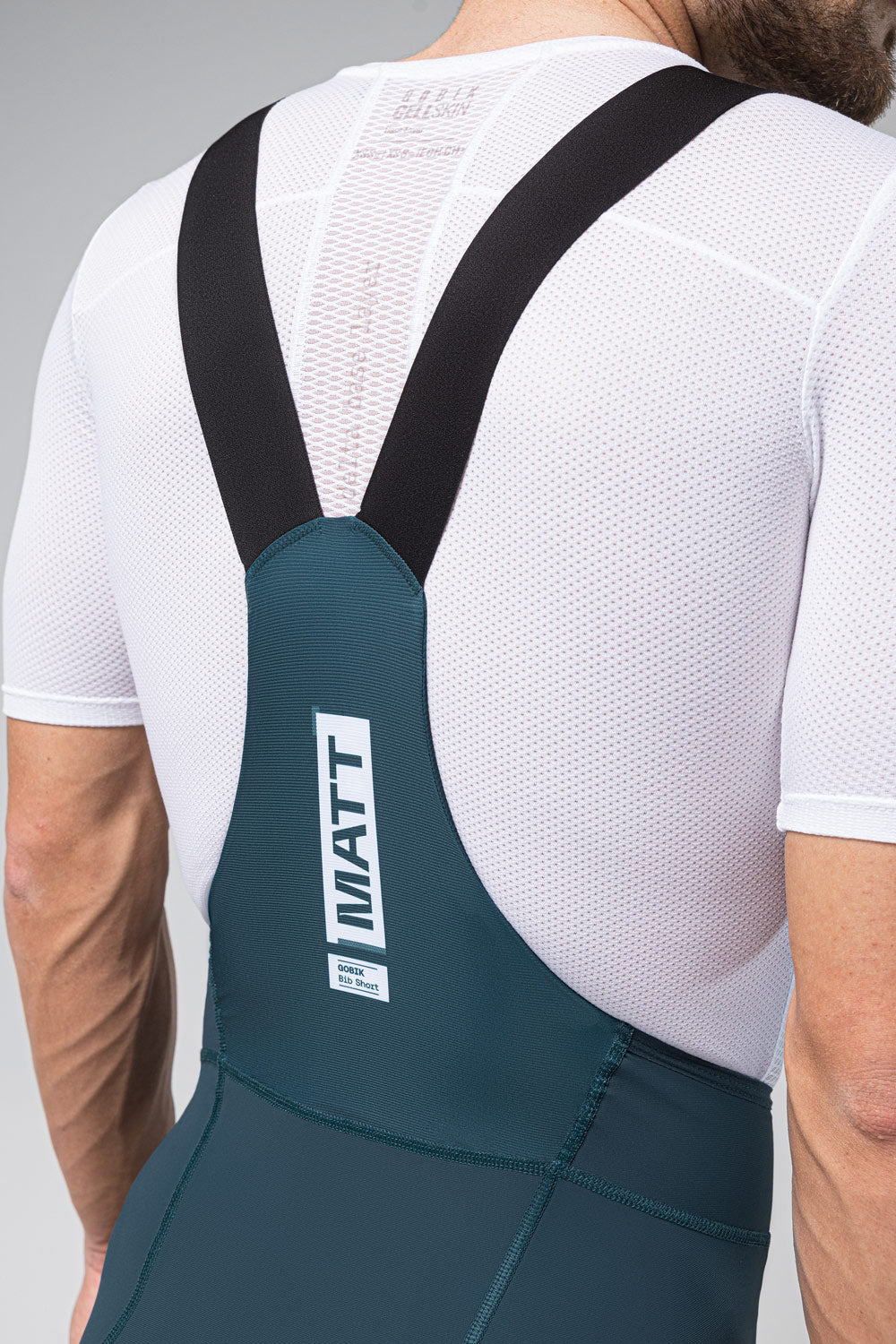 Gobik Matt 2.0 men's bib shorts in corsair teal color showing back panel with suspenders