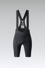 Gobik Limited 6.0 Women's black bib short flat lay product shot showing interior chamois and straps