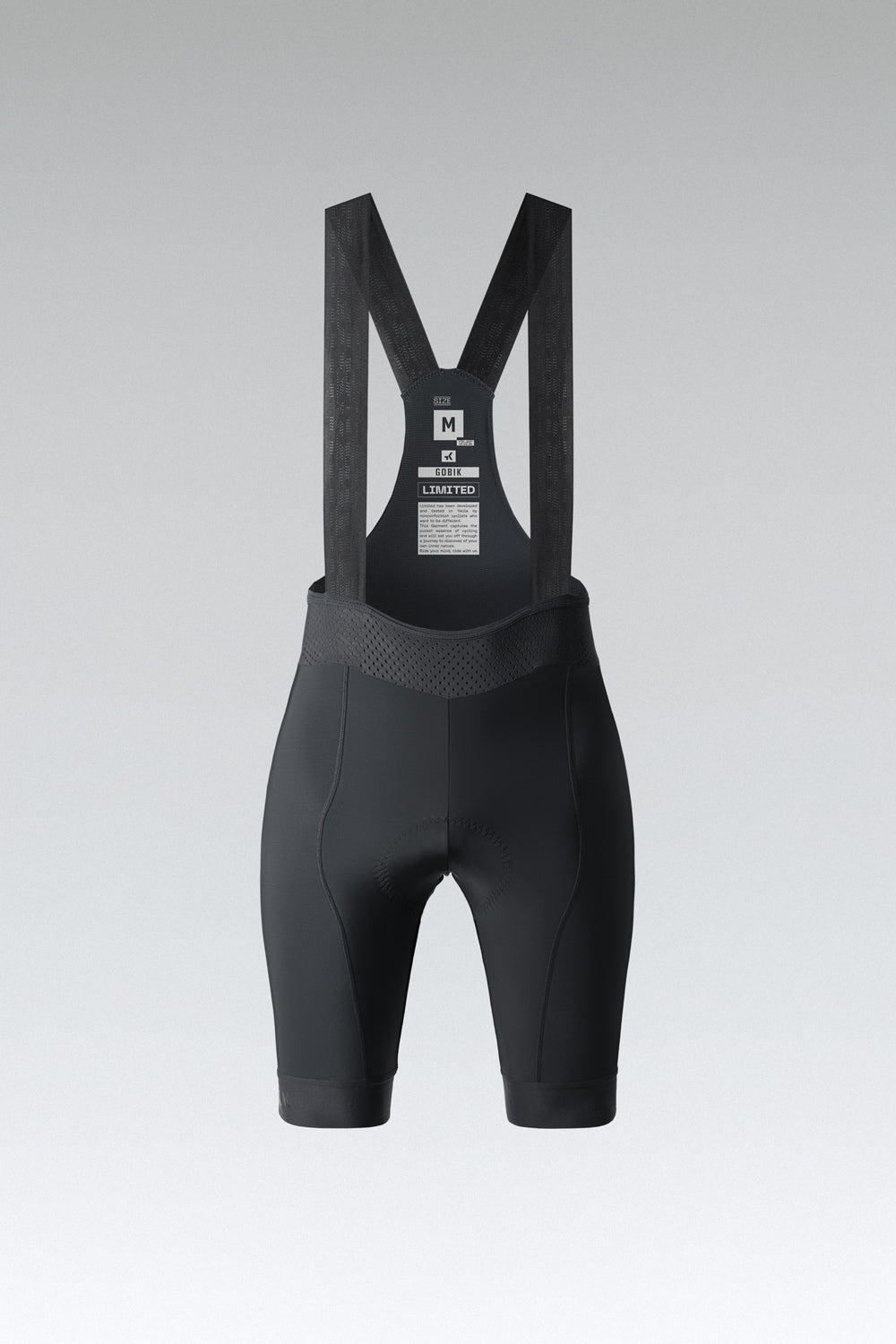 Gobik Limited 6.0 Women's black bib short flat lay product shot showing interior chamois and straps