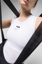 Close-up of Gobik Warm Project Unity white base layer with black bib short mesh straps
