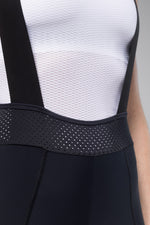 Close-up of Gobik Limited 6.0 black bib short waistband with perforated mesh panel and straps