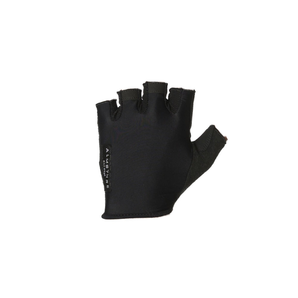 Black fingerless cycling glove with ALMSTHRE branding on clean white background