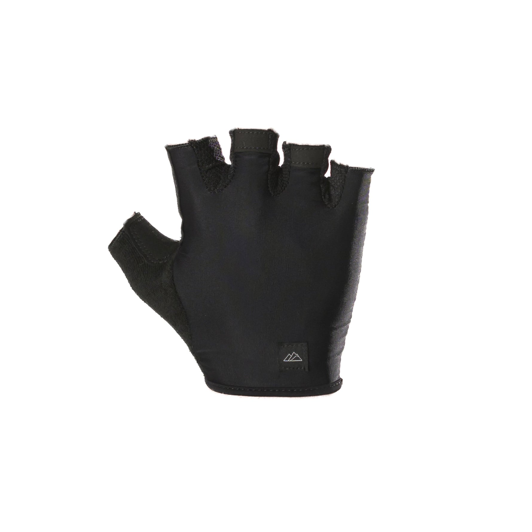 Black fingerless padded cycling glove with exposed fingertips on white background
