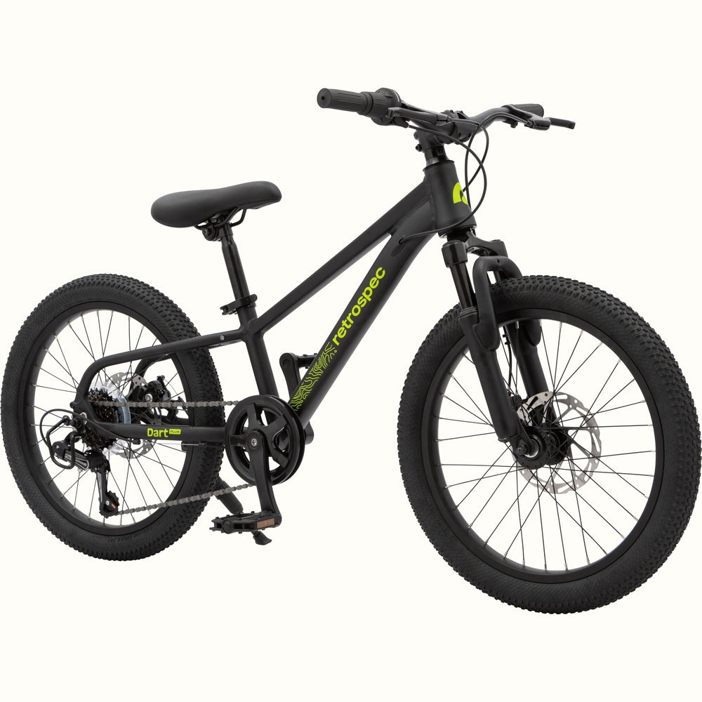 Retrospec Dart Plus 20-inch kids mountain bike in matte black with green accents, angled view