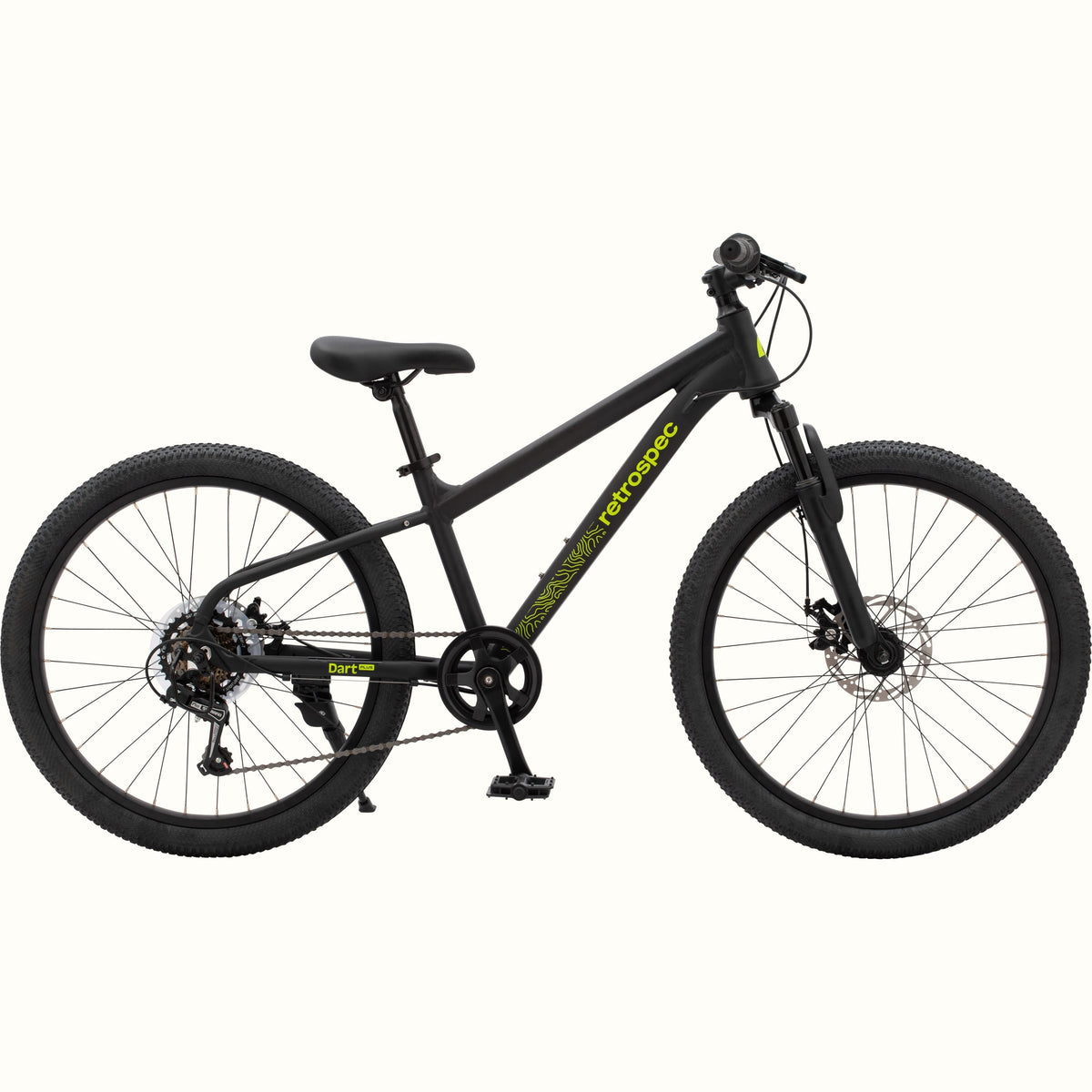 Retrospec Dart Plus 24-inch kids mountain bike matte black side profile on white background