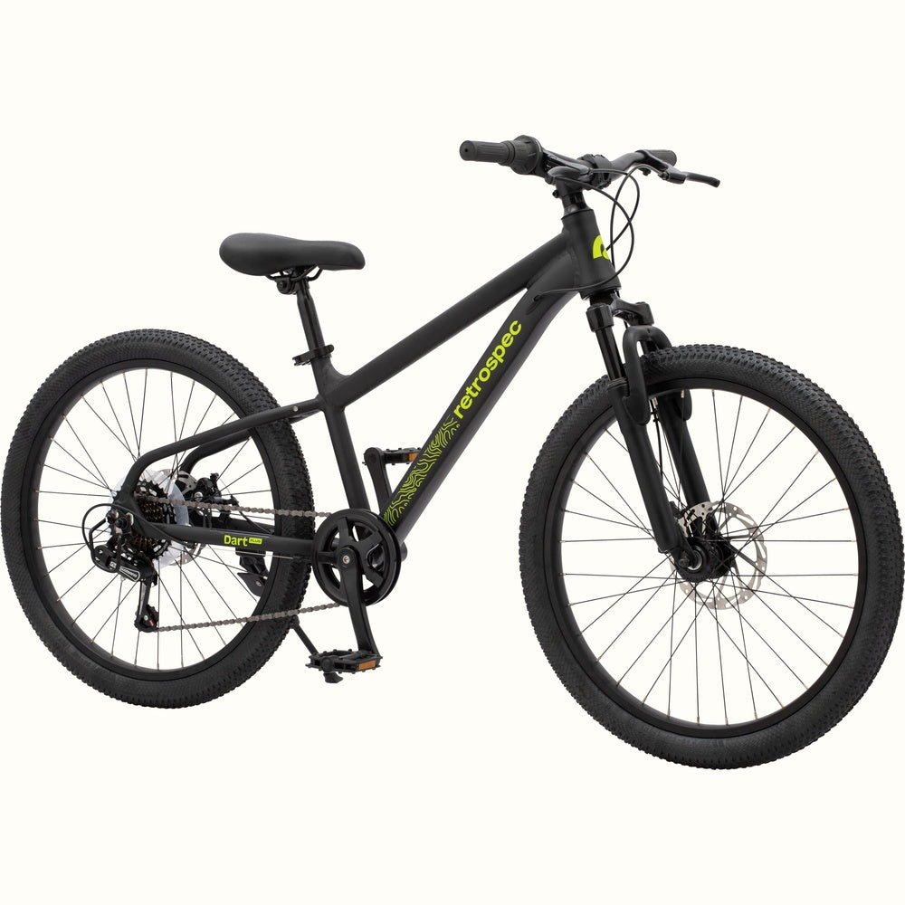 Retrospec Dart Plus kids mountain bike in matte black with green graphics, side view