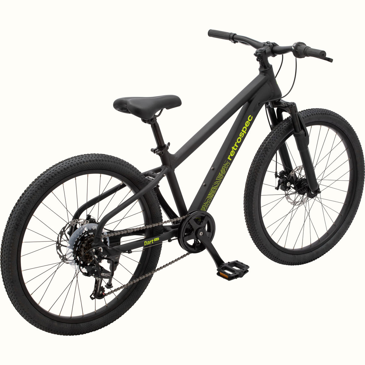 Retrospec Dart Plus kids mountain bike matte black three-quarter rear angle view on white