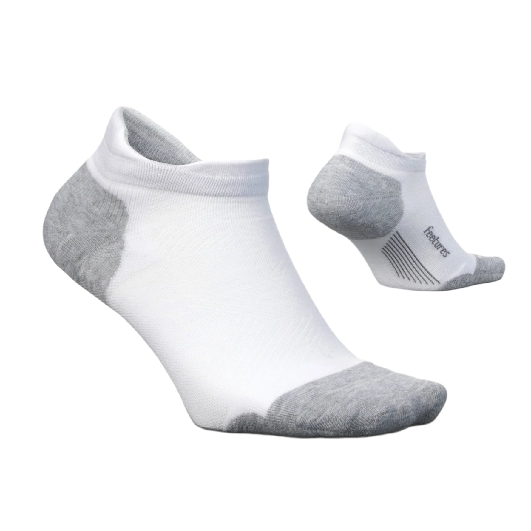 Feetures Elite Max Cushion No Show Tab socks in white and gray, two views shown
