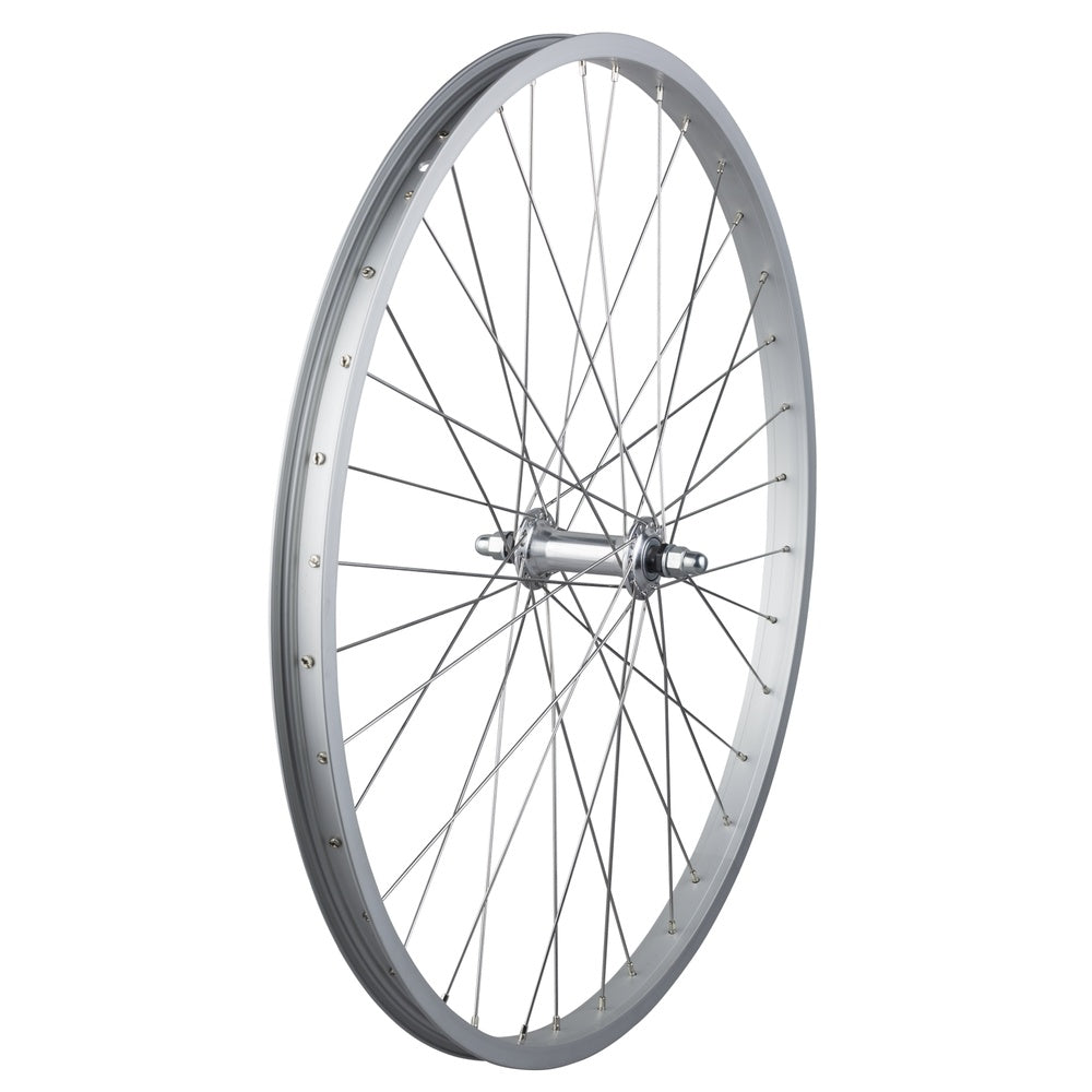 Electra Cruiser 7 26-inch silver front bicycle wheel with crossed spoke pattern