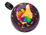 Electra bicycle bell with purple background featuring colorful rainbow rooster design
