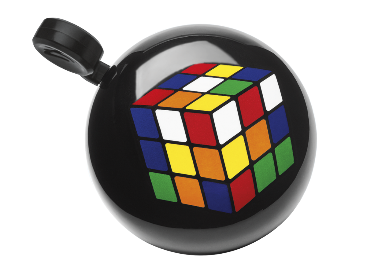 Black Electra bicycle bell featuring colorful Rubik's cube pattern design