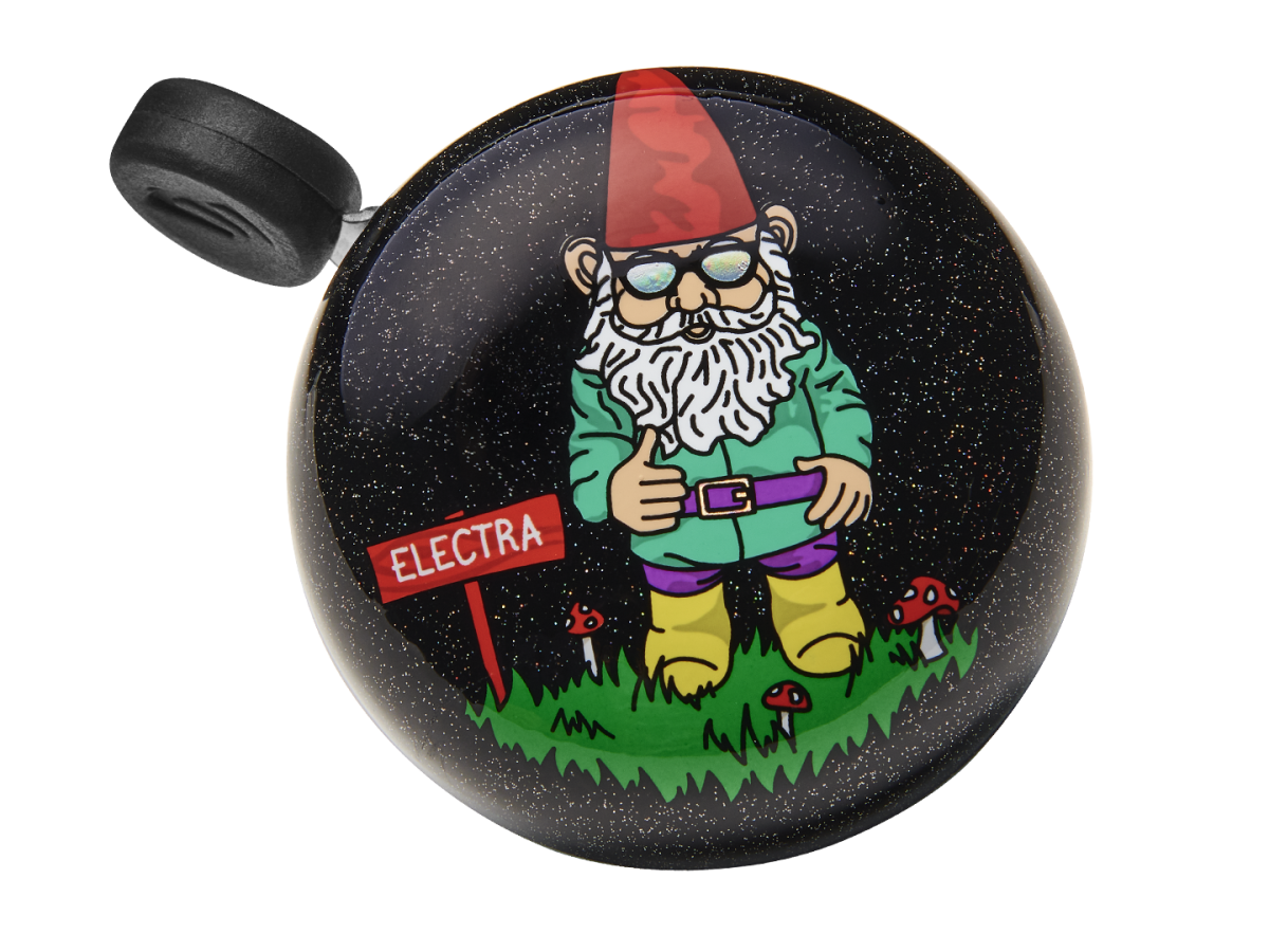 Electra bicycle bell with black background and colorful gnome character design