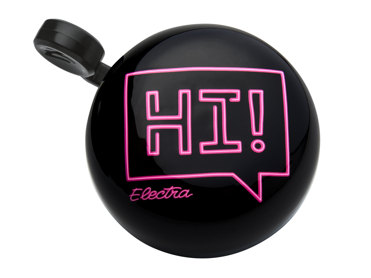 Electra bicycle bell in black with pink neon 'HI!' speech bubble design