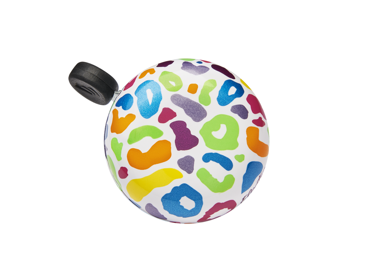 Electra bicycle bell with colorful leopard print pattern on white background