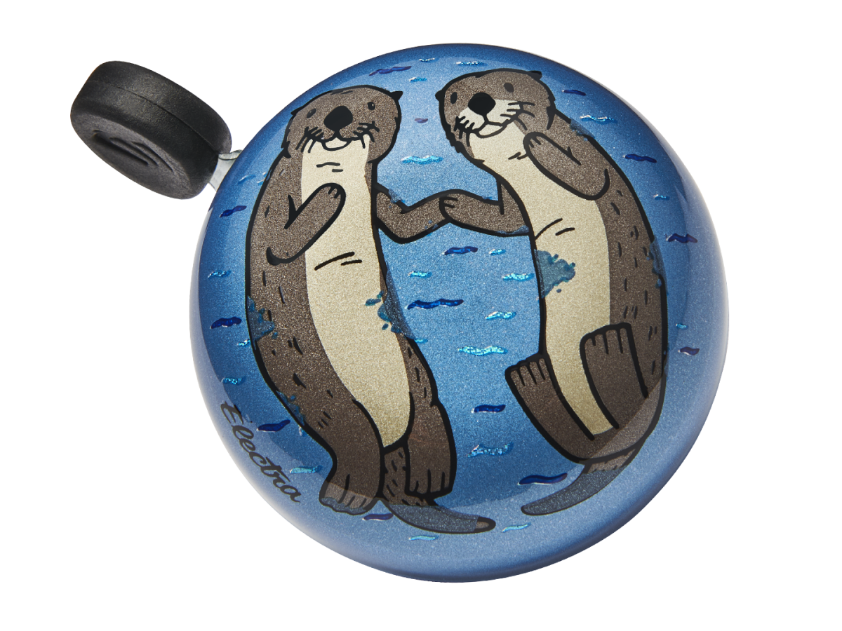 Electra bicycle bell with blue background featuring two cartoon otters holding hands